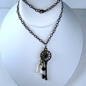 Artisan Handmade Antique Bronze Key Pendant Quartz Crystal Agate Dangles Boho